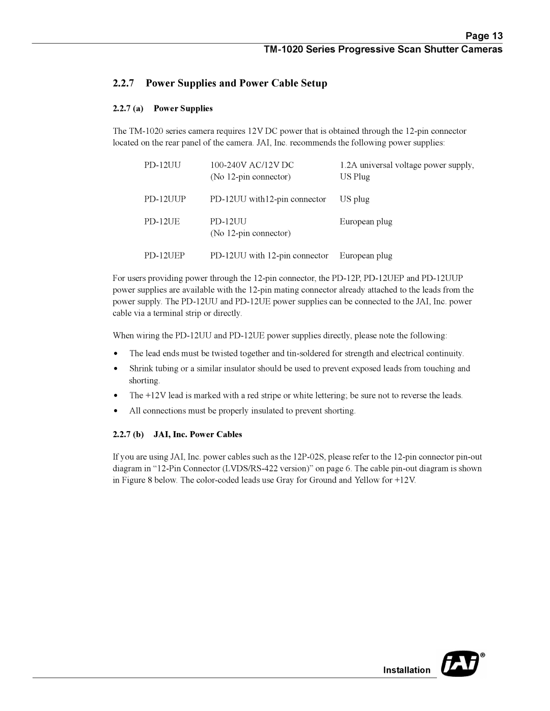 JAI TM-1020 operation manual Power Supplies and Power Cable Setup, JAI, Inc. Power Cables 