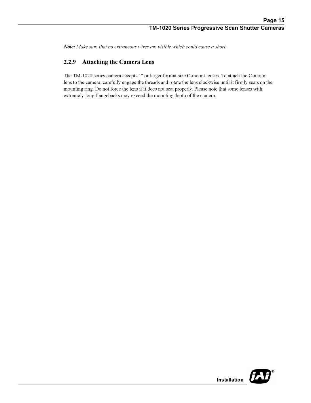 JAI TM-1020 operation manual Attaching the Camera Lens 