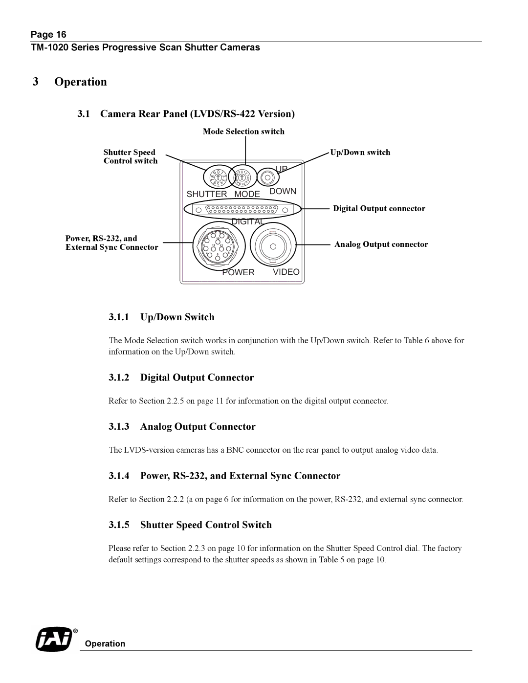 JAI TM-1020 operation manual 1 Up/Down Switch, Mode Selection switch Shutter Speed Control switch 