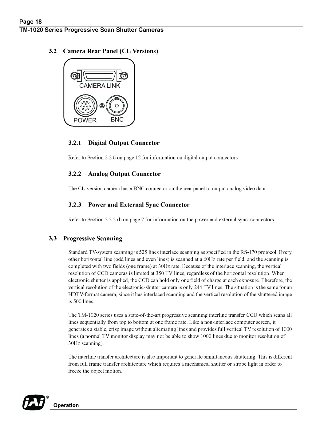 JAI TM-1020 Digital Output Connector, Analog Output Connector, Power and External Sync Connector, Progressive Scanning 