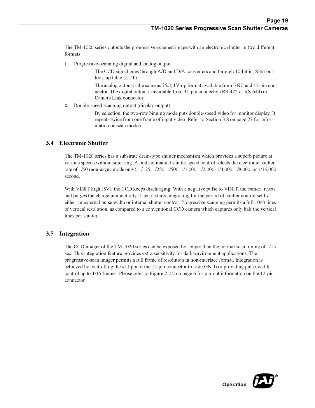 JAI TM-1020 operation manual Electronic Shutter 