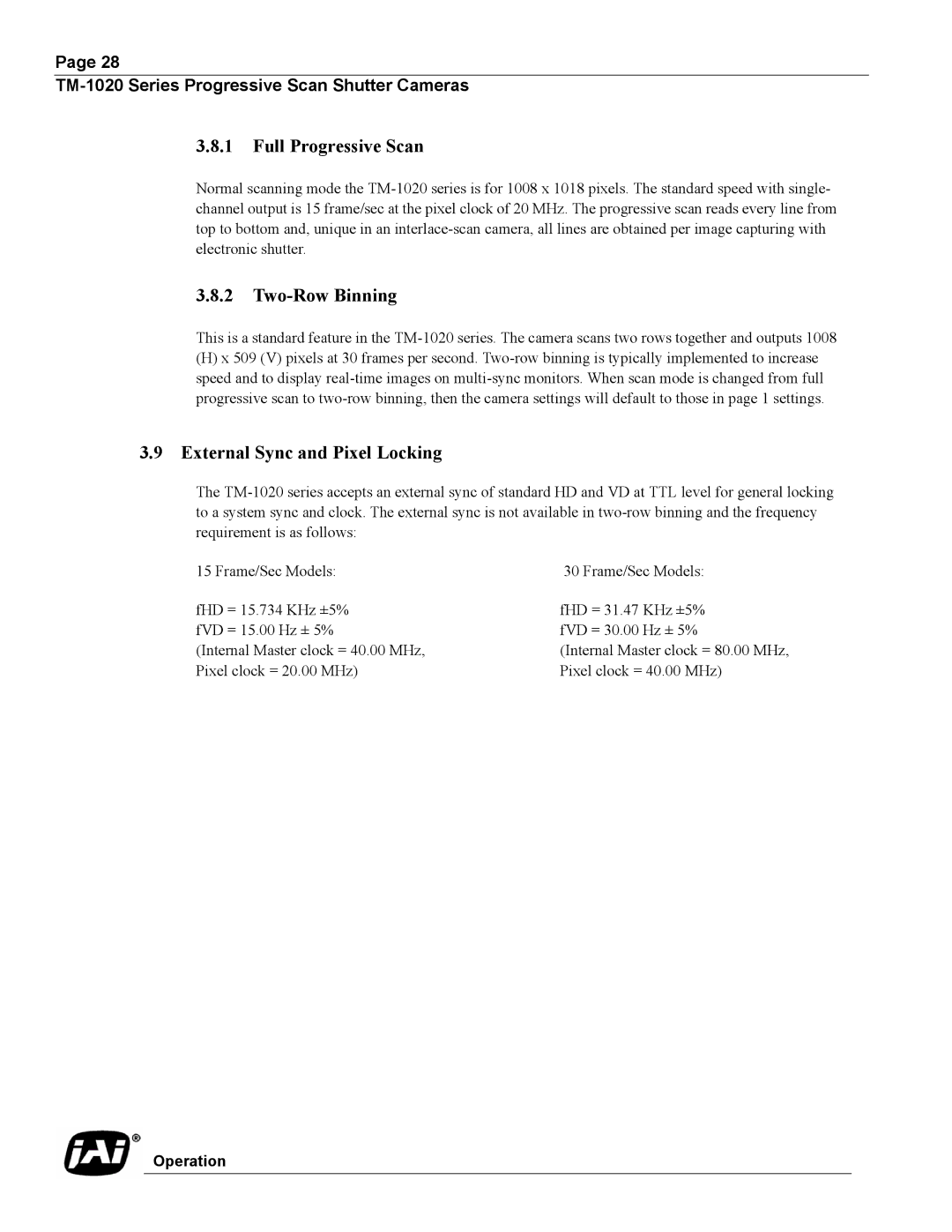 JAI TM-1020 operation manual Full Progressive Scan, Two-Row Binning, External Sync and Pixel Locking 