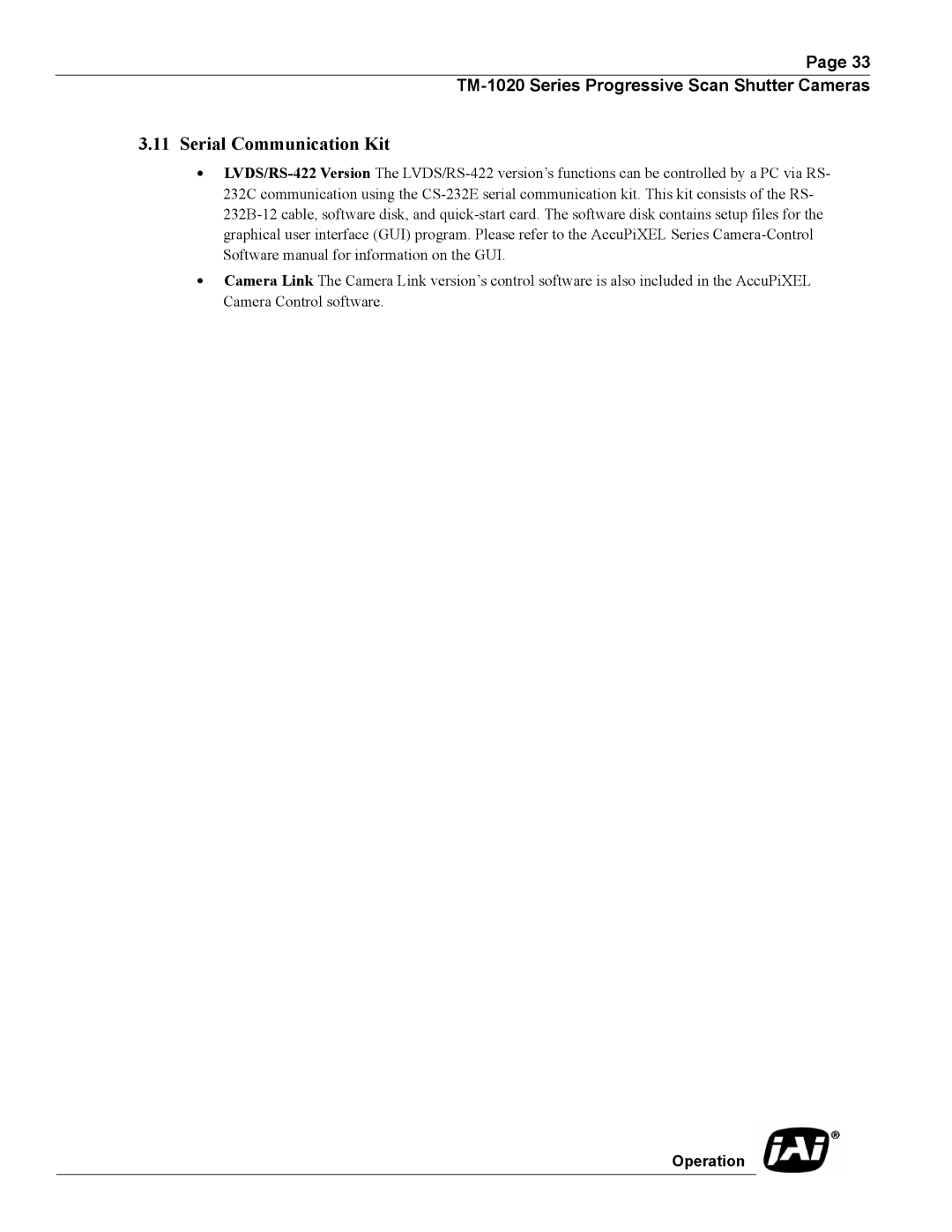 JAI TM-1020 operation manual Serial Communication Kit 