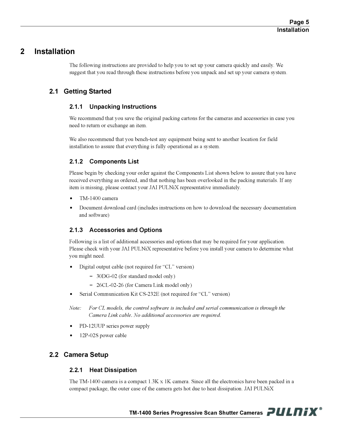 JAI TM-1400 operation manual Getting Started, Camera Setup 