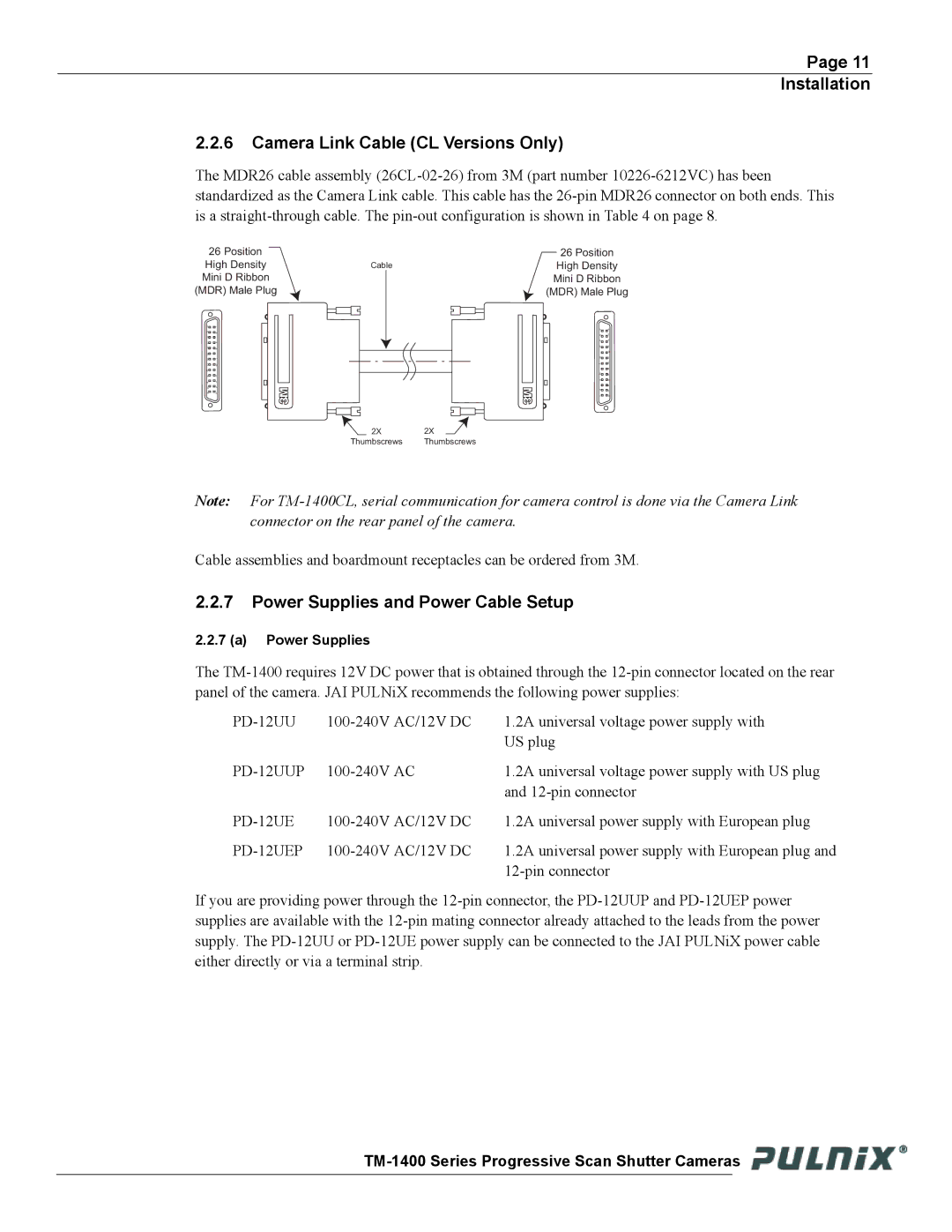 JAI TM-1400 operation manual Installation Camera Link Cable CL Versions Only, Power Supplies and Power Cable Setup 