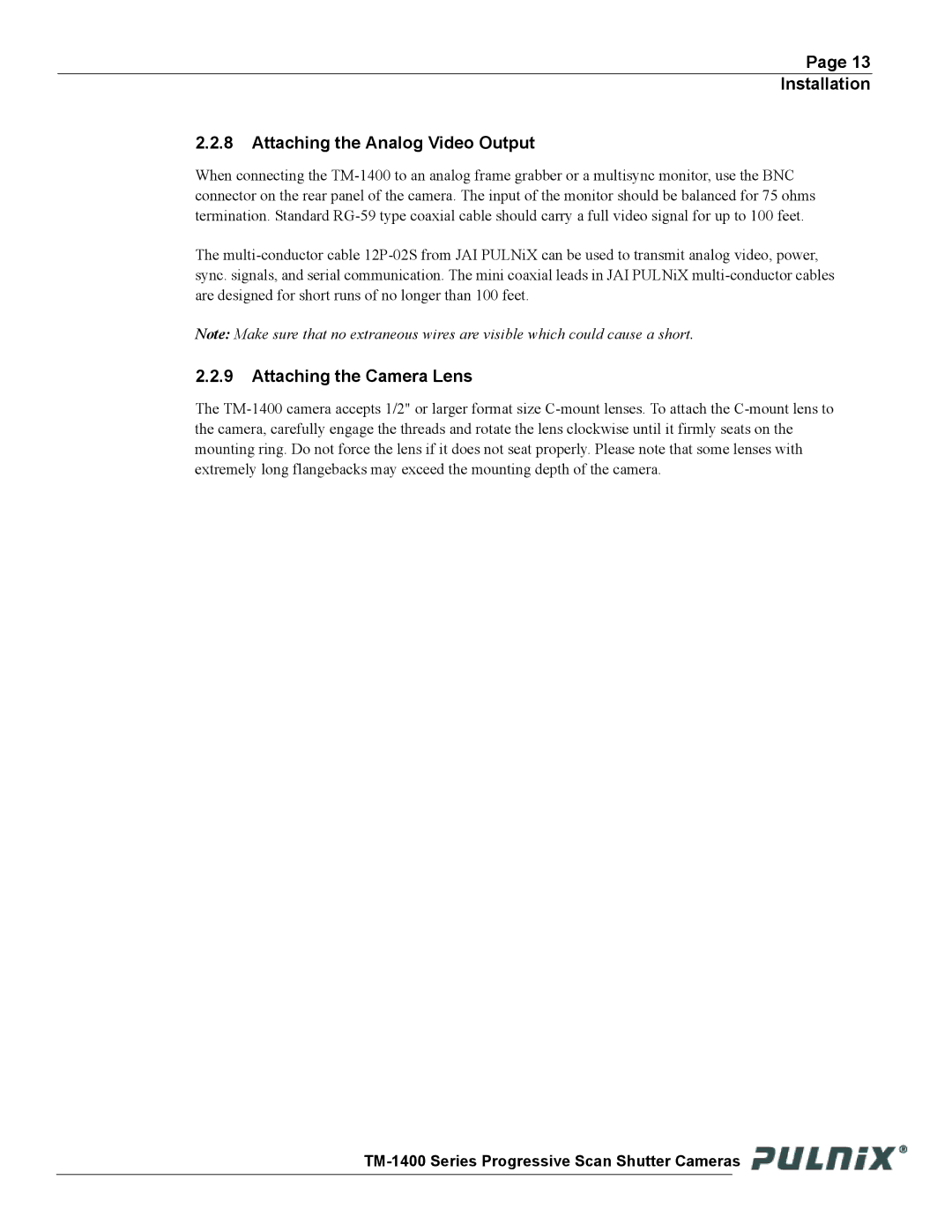 JAI TM-1400 operation manual Installation Attaching the Analog Video Output, Attaching the Camera Lens 