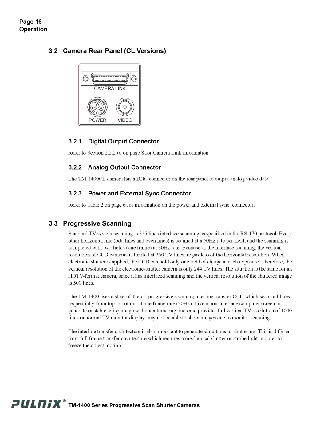 JAI TM-1400 operation manual Camera Rear Panel CL Versions, Progressive Scanning, Power and External Sync Connector 