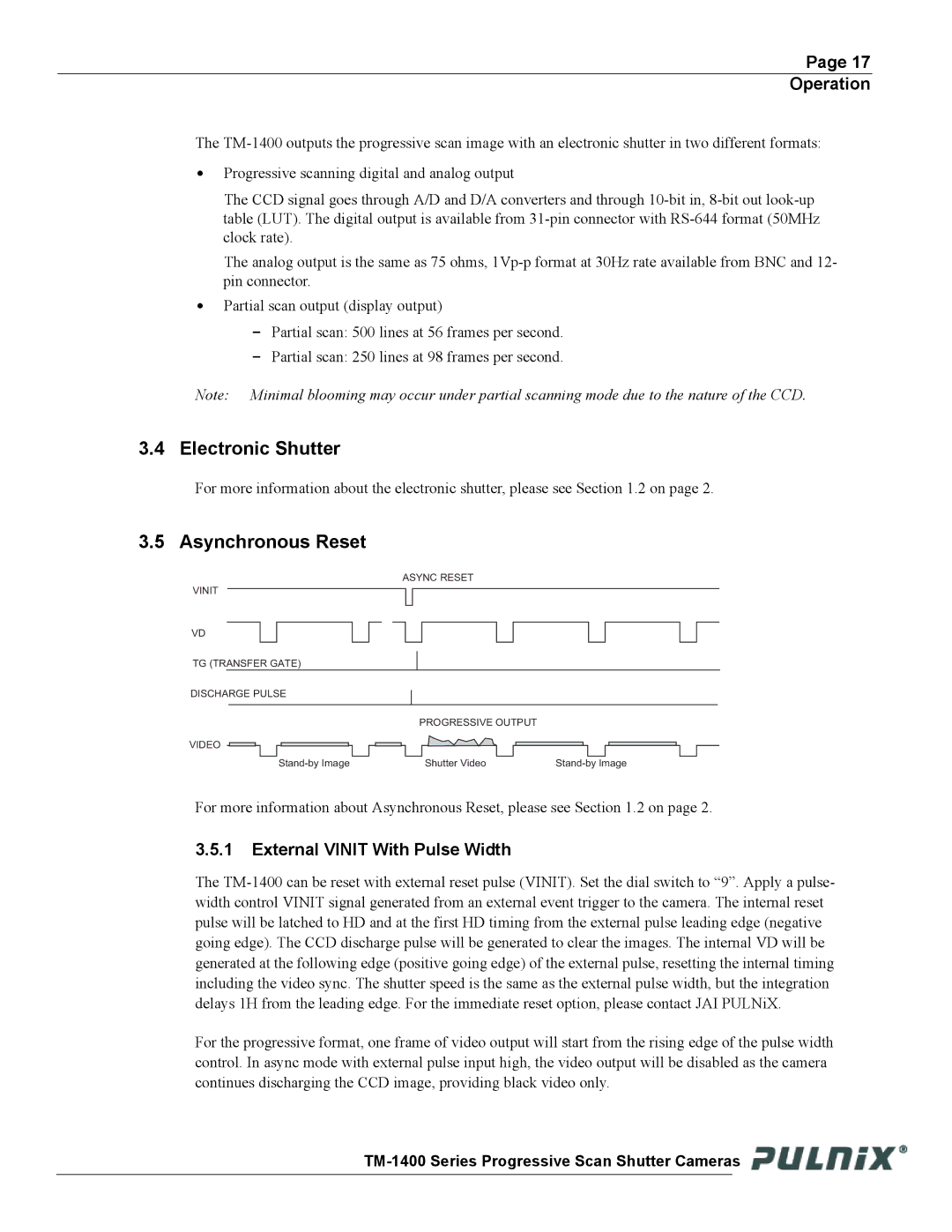 JAI TM-1400 operation manual Electronic Shutter, Asynchronous Reset, External Vinit With Pulse Width 