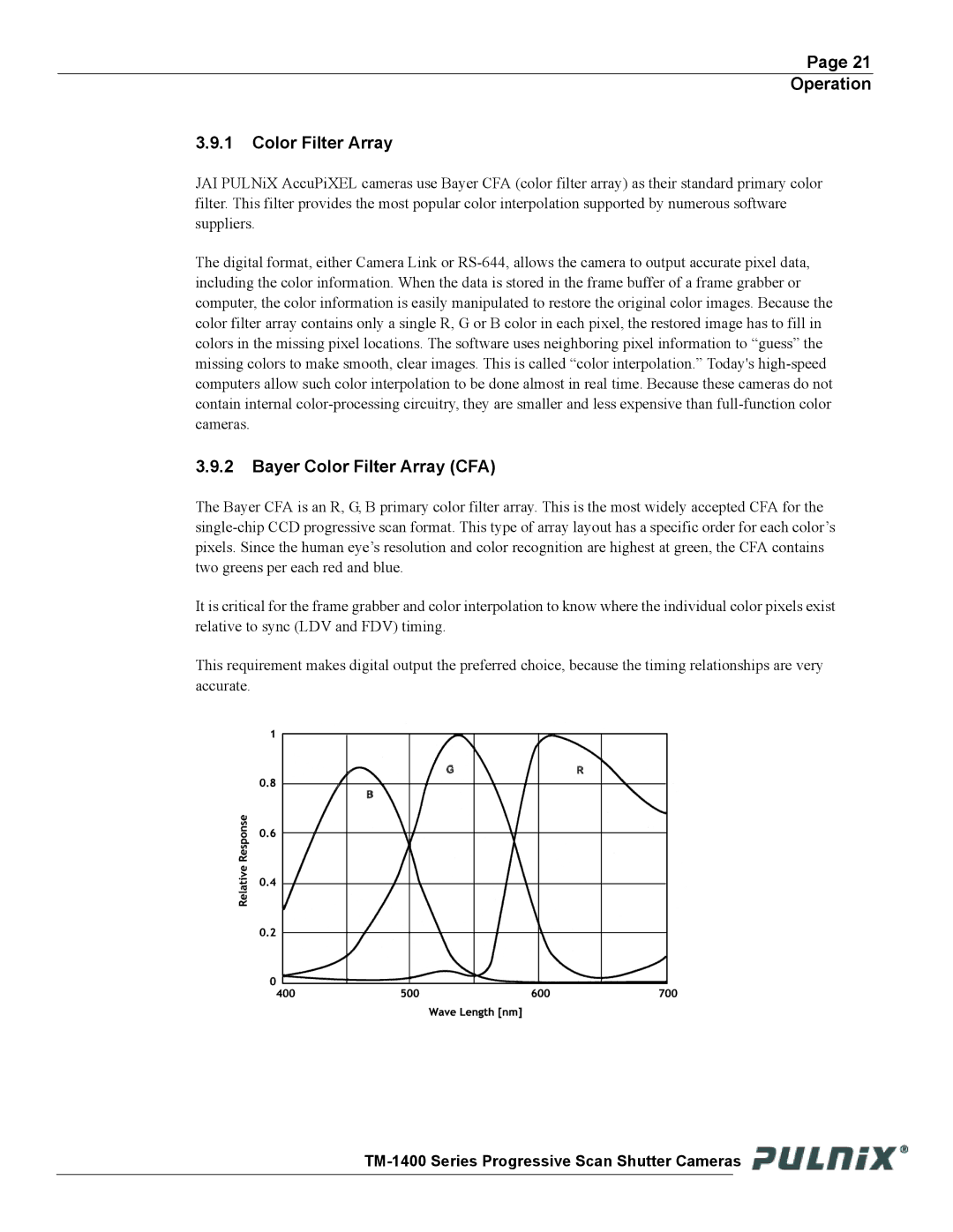 JAI TM-1400 operation manual Operation Color Filter Array, Bayer Color Filter Array CFA 