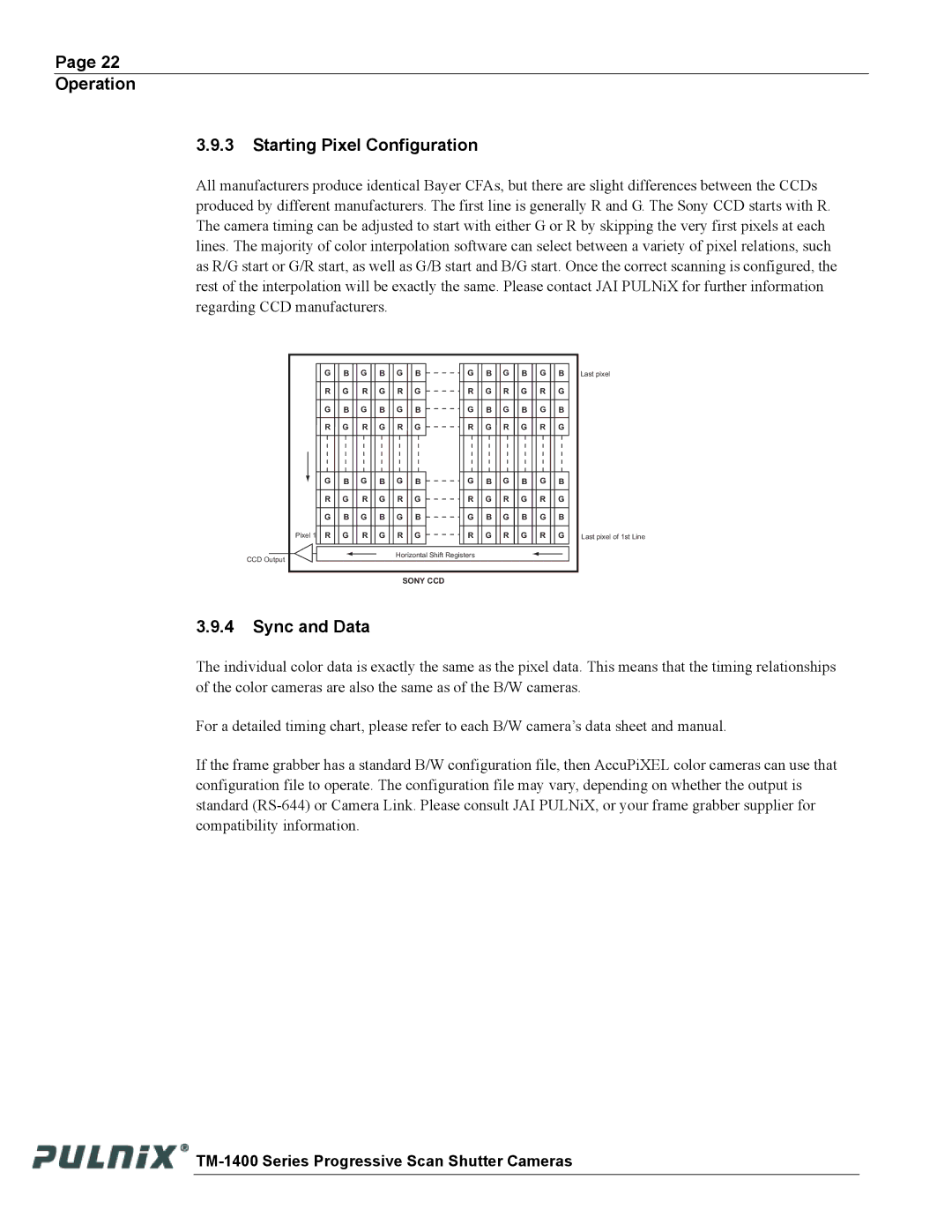 JAI TM-1400 operation manual Operation Starting Pixel Configuration, Sync and Data 