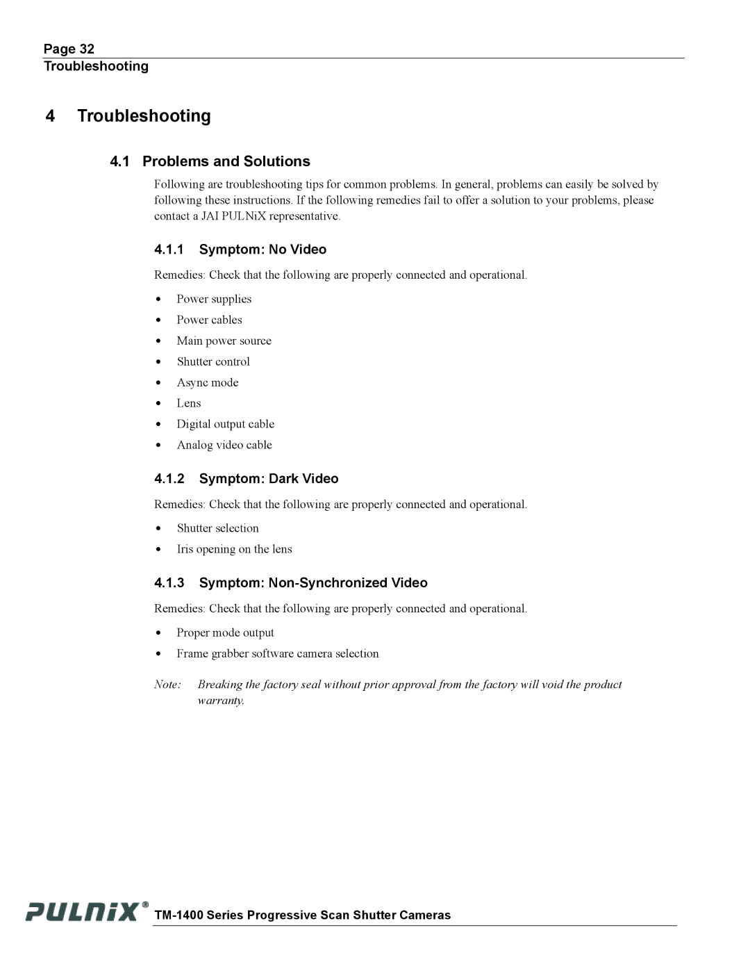 JAI TM-1400 Problems and Solutions, Troubleshooting, Symptom No Video, Symptom Dark Video, Symptom Non-Synchronized Video 