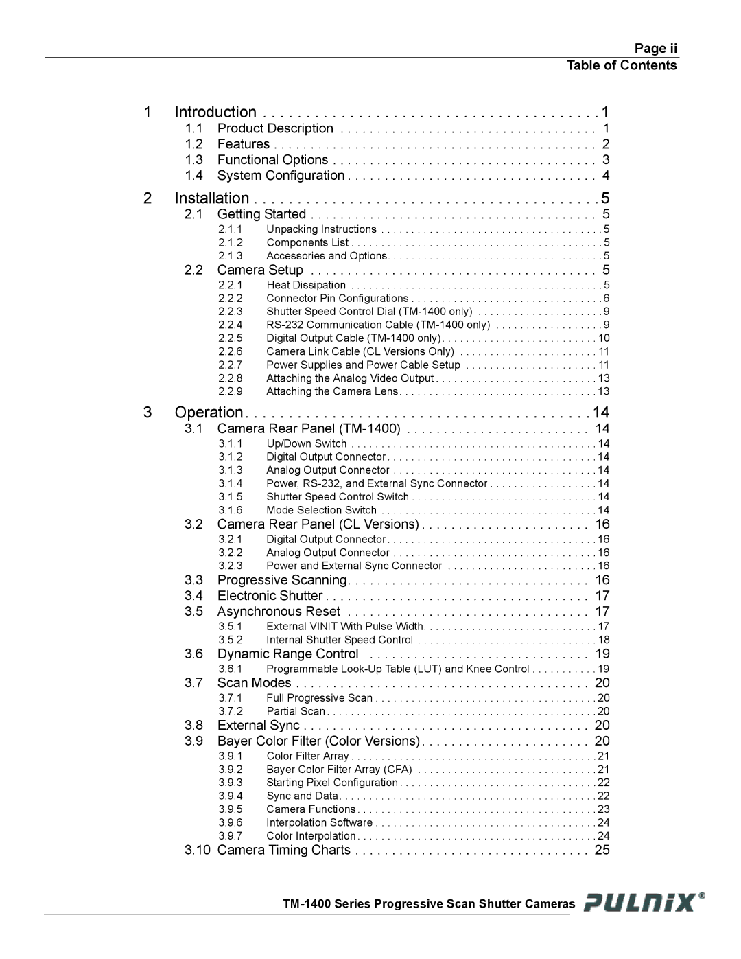 JAI TM-1400 operation manual Installation, Table of Contents 