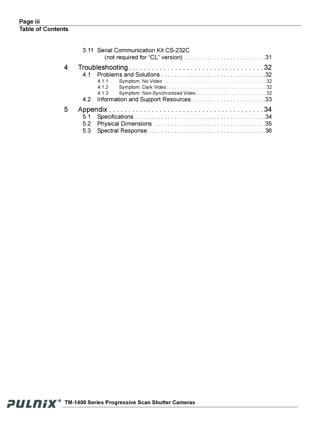 JAI TM-1400 operation manual Troubleshooting 