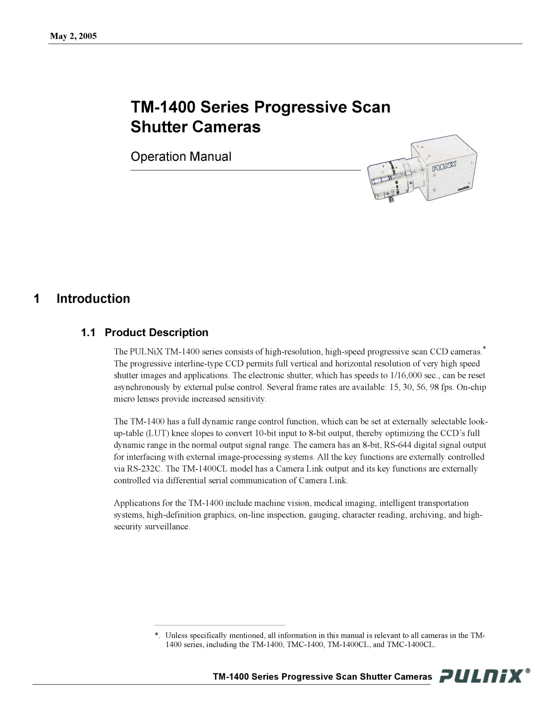 JAI TM-1400 operation manual Product Description, May 2 