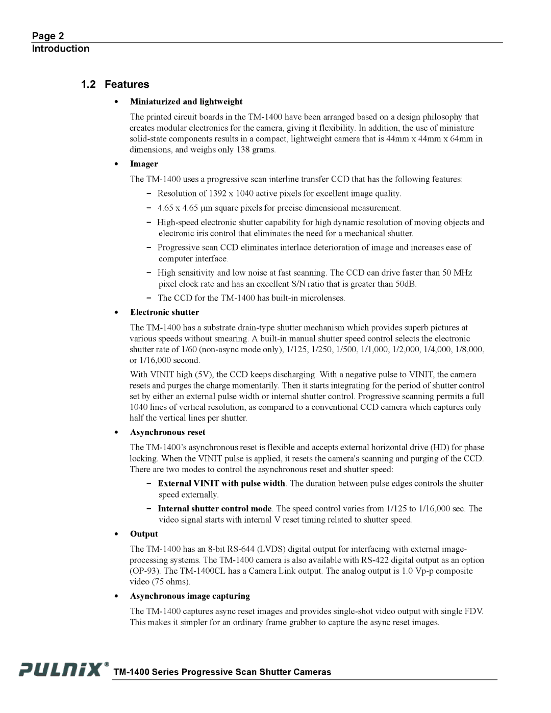 JAI TM-1400 operation manual Features, Introduction 