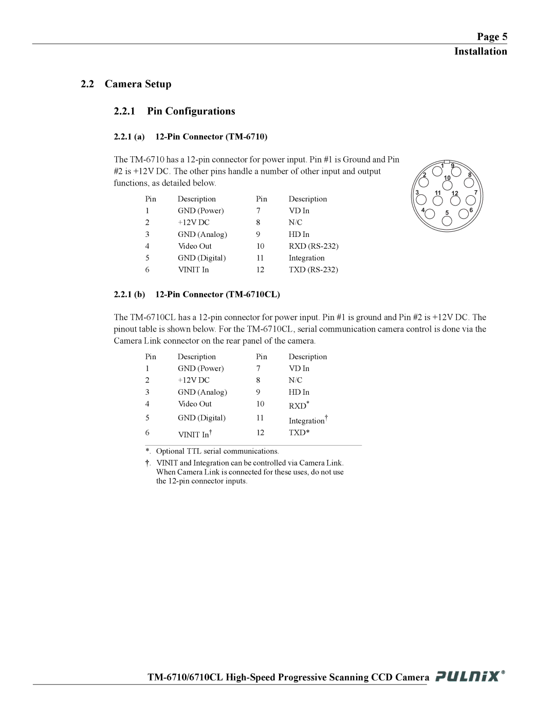 JAI Installation Camera Setup Pin Configurations, 1 a 12-Pin Connector TM-6710, 1 b 12-Pin Connector TM-6710CL 