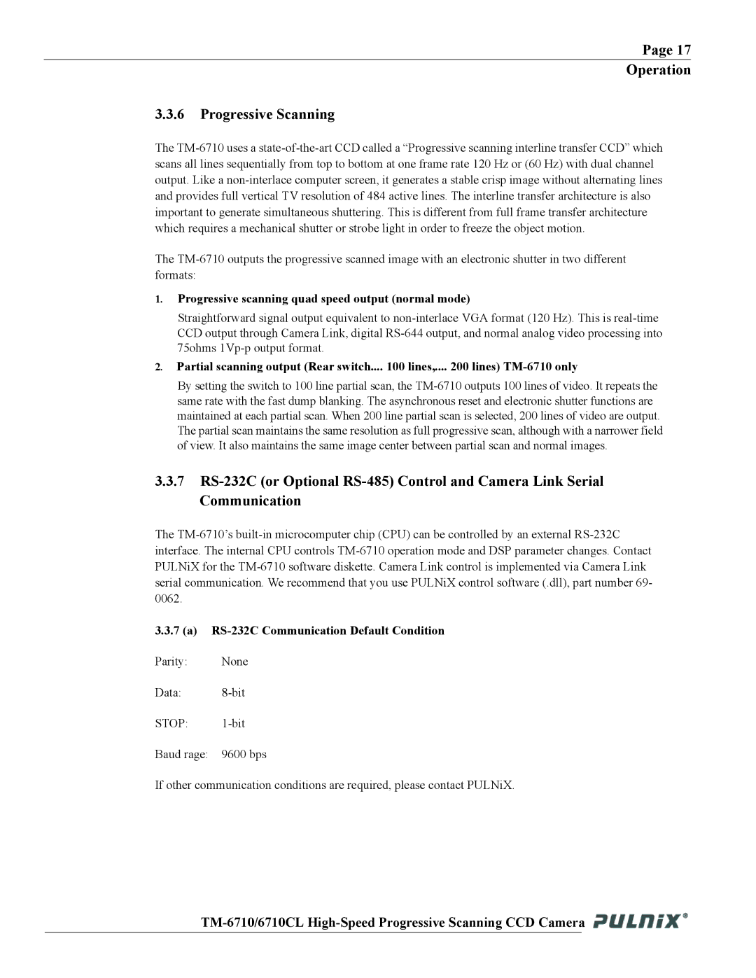 JAI TM-6710 operation manual Operation Progressive Scanning, Progressive scanning quad speed output normal mode 