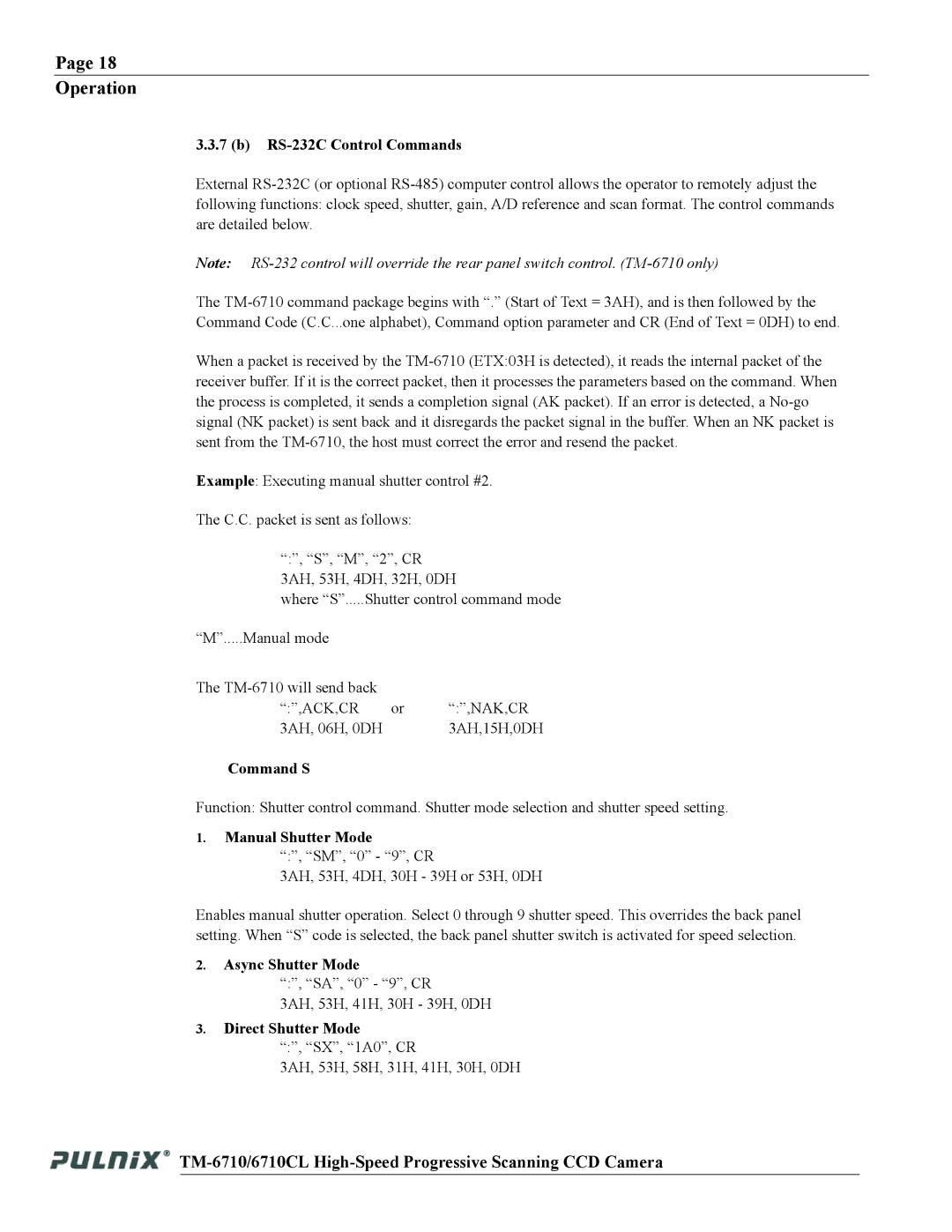 JAI TM-6710 RS-232C Control Commands, Command S, Manual Shutter Mode, Async Shutter Mode, Direct Shutter Mode 