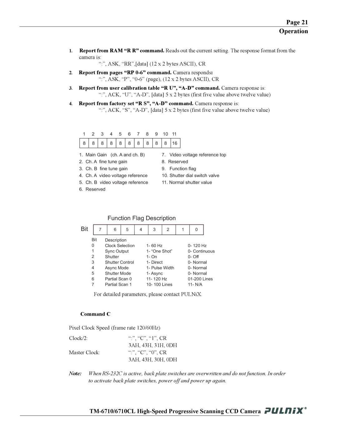 JAI TM-6710 operation manual Report from pages RP 0-6 command. Camera responds, Command C 