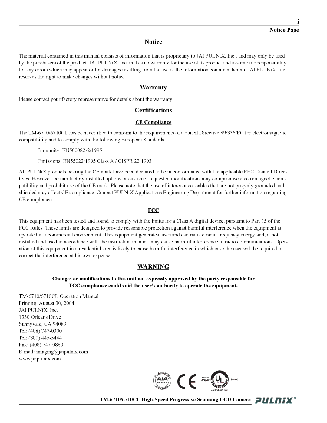 JAI operation manual Warranty, Certifications, CE Compliance, TM-6710/6710CL High-Speed Progressive Scanning CCD Camera 