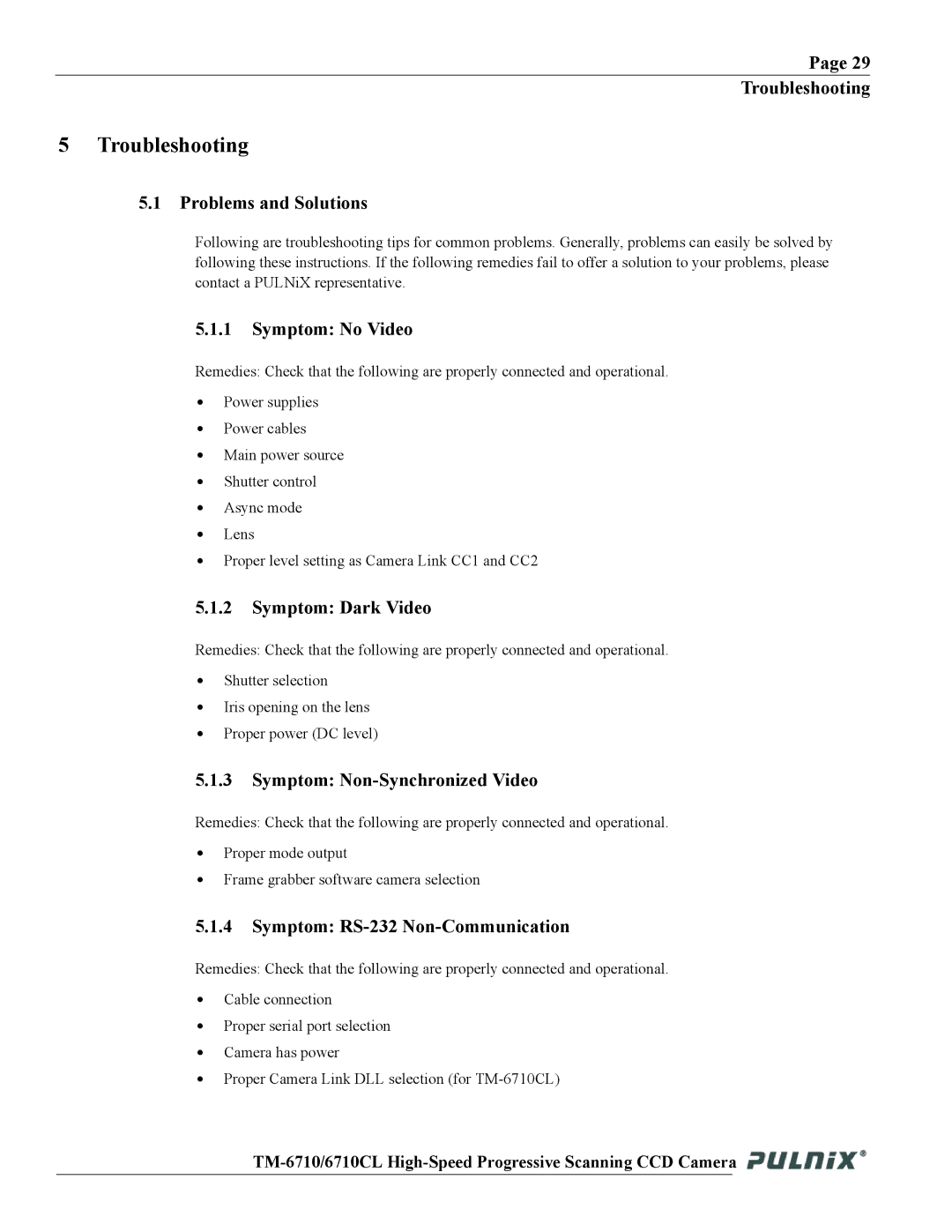 JAI TM-6710 operation manual Troubleshooting 