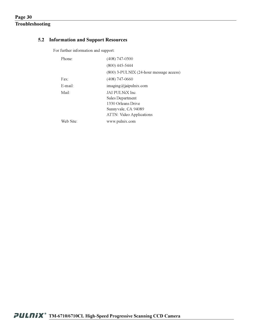 JAI TM-6710 operation manual Troubleshooting Information and Support Resources 