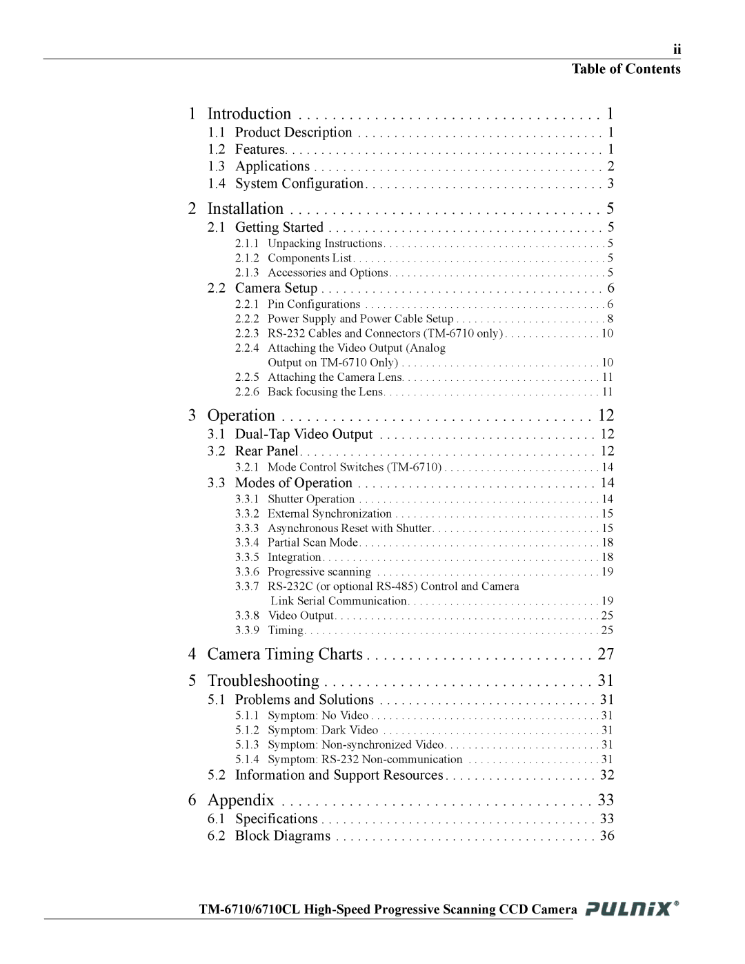 JAI TM-6710 operation manual Installation, Ii Table of Contents 