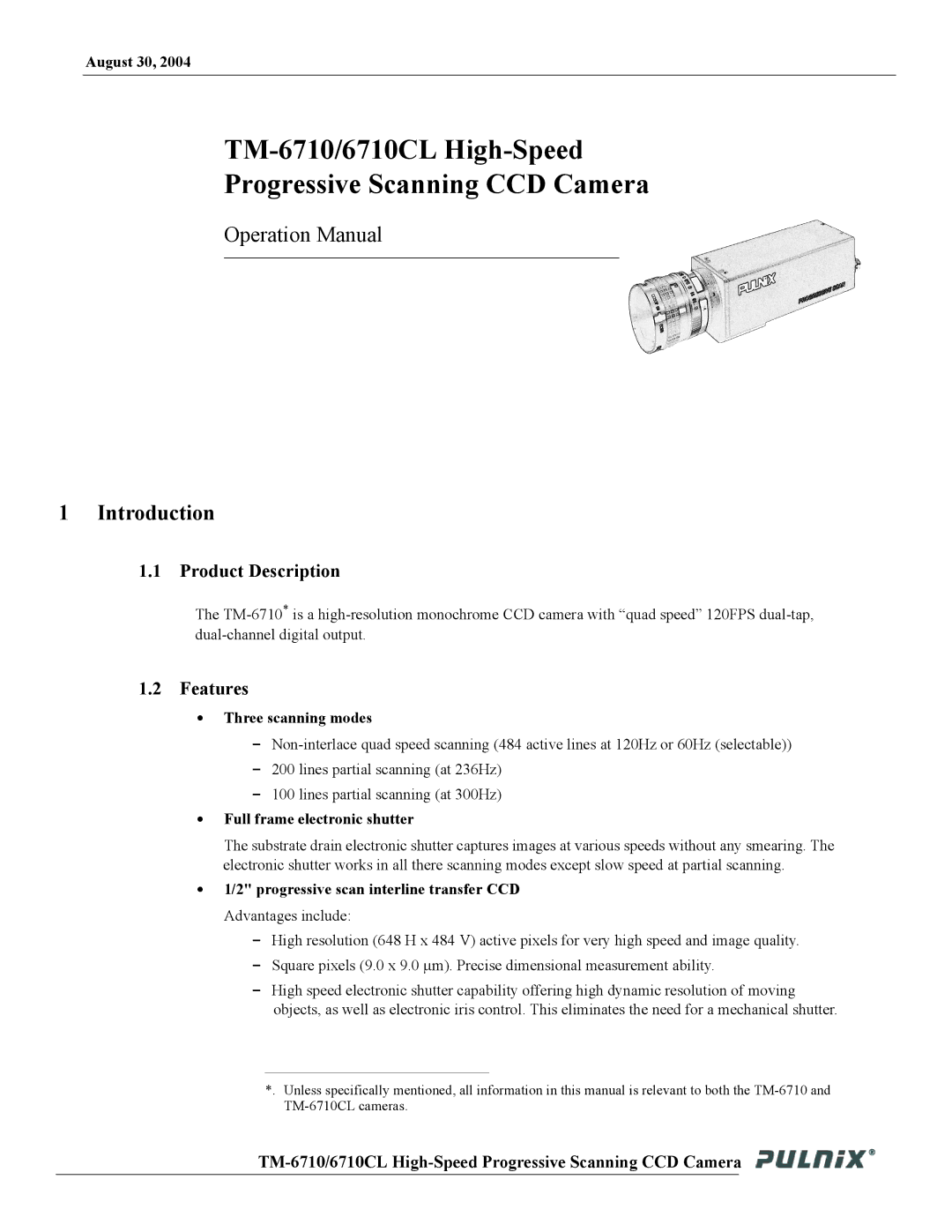 JAI TM-6710 operation manual Introduction, Product Description, Features 