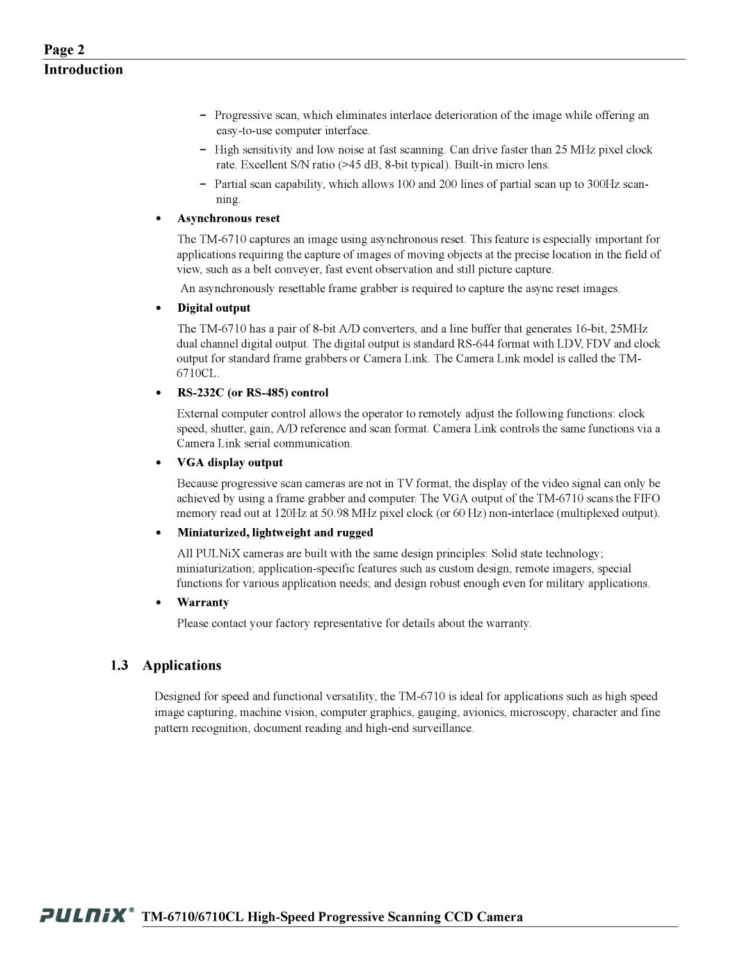 JAI TM-6710 operation manual Introduction, Applications 