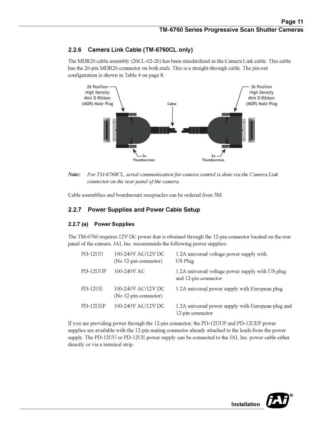 JAI Progressive Scan Shutter Cameras, TM-6760 operation manual Power Supplies and Power Cable Setup 