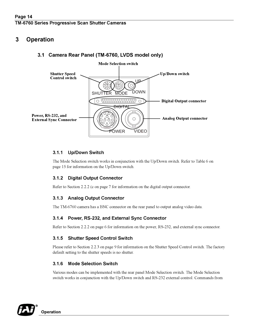 JAI Progressive Scan Shutter Cameras operation manual Operation, Camera Rear Panel TM-6760, Lvds model only 