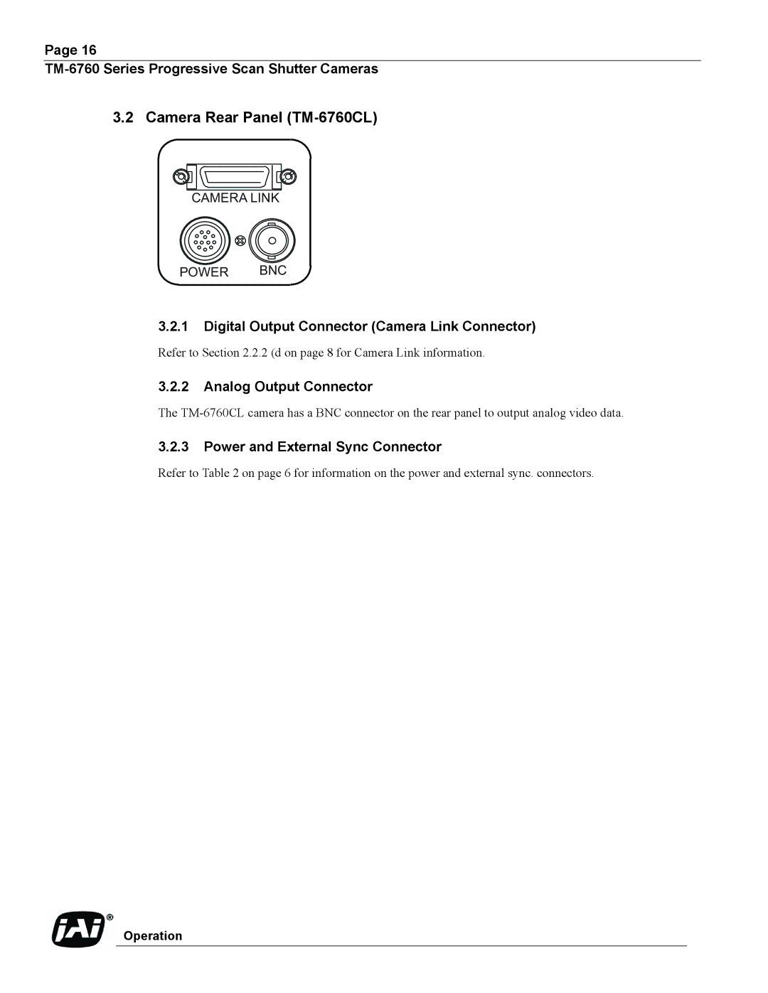 JAI Camera Rear Panel TM-6760CL, Digital Output Connector Camera Link Connector, Power and External Sync Connector 