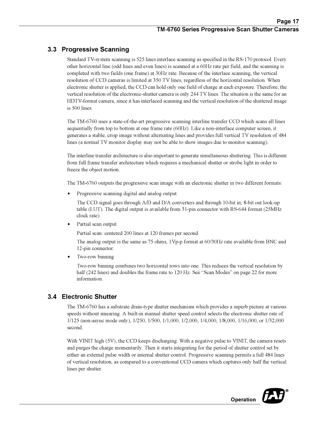 JAI Progressive Scan Shutter Cameras, TM-6760 operation manual Progressive Scanning, Electronic Shutter 