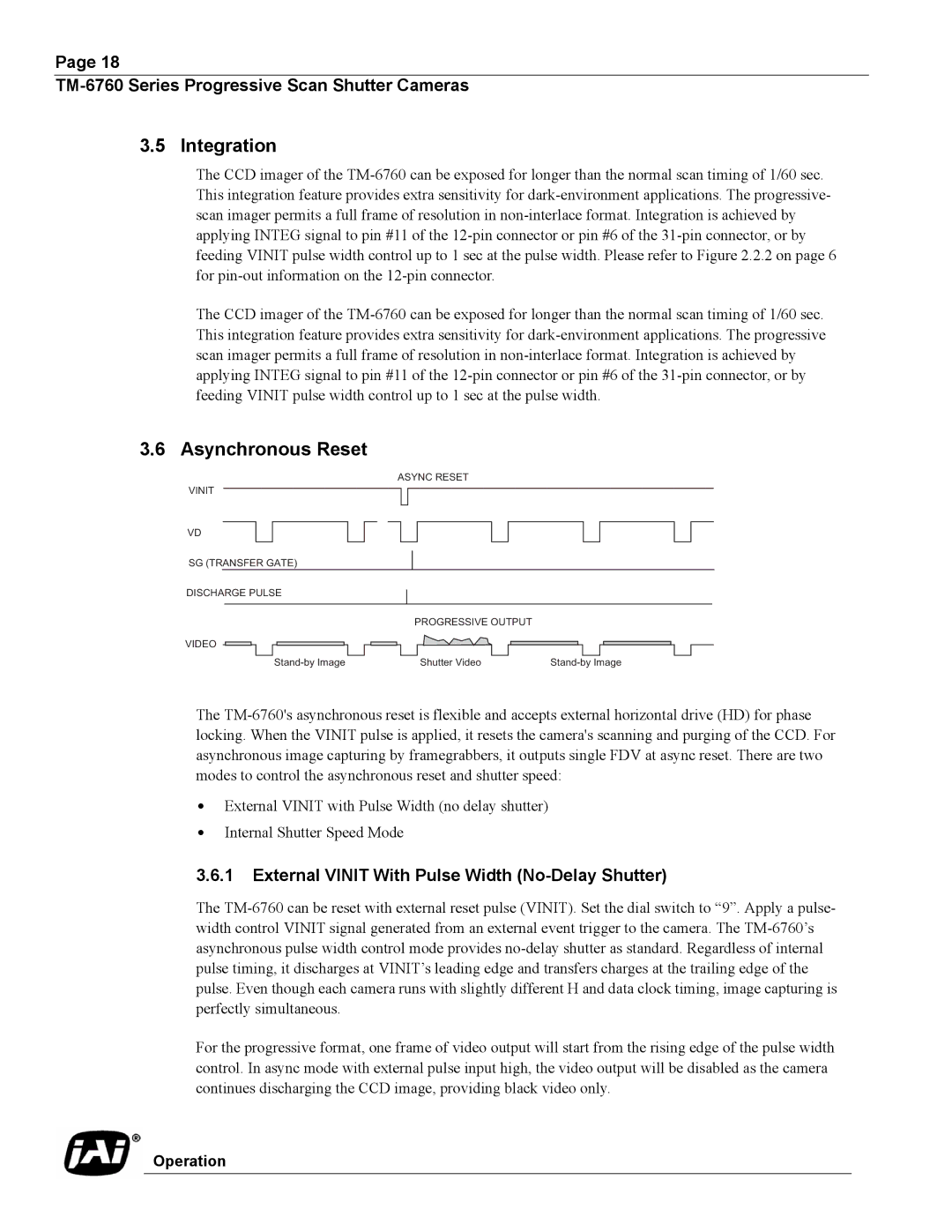 JAI TM-6760 operation manual Integration, Asynchronous Reset, External Vinit With Pulse Width No-Delay Shutter 