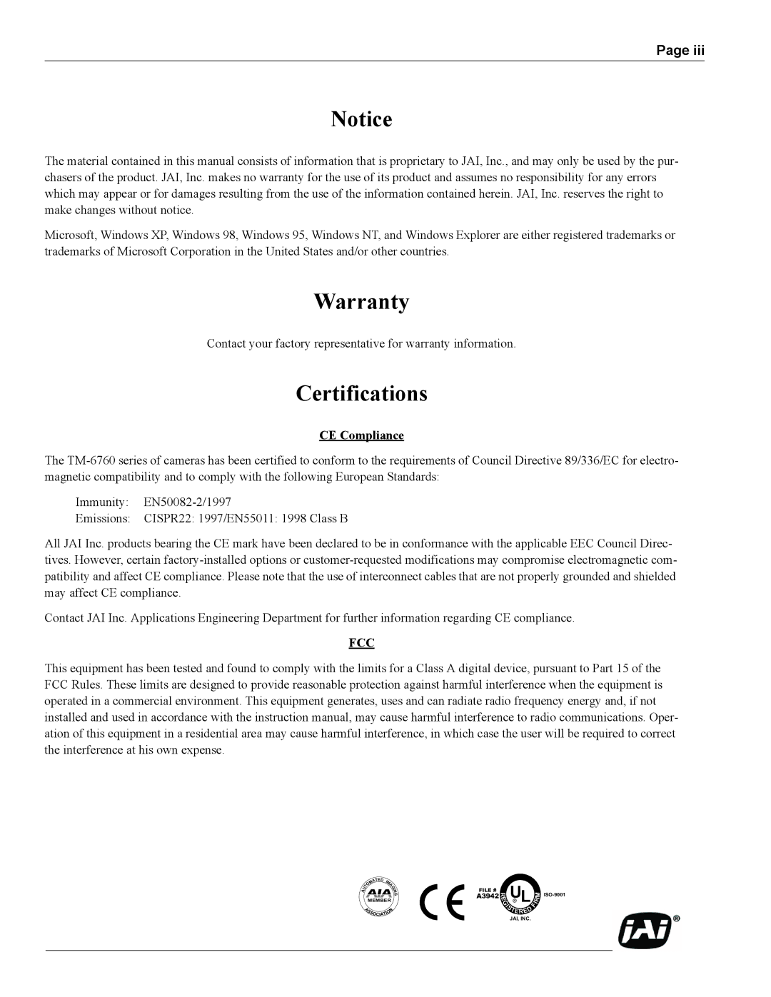 JAI Progressive Scan Shutter Cameras, TM-6760 operation manual Certifications, CE Compliance 