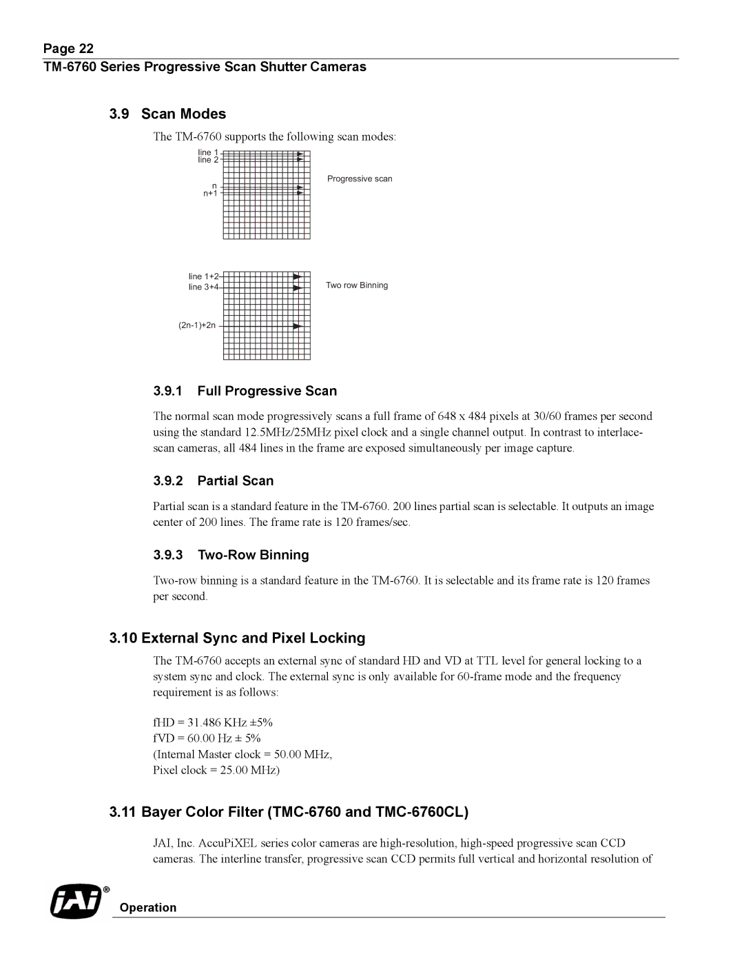 JAI TM-6760 operation manual Scan Modes, External Sync and Pixel Locking, Bayer Color Filter TMC-6760 and TMC-6760CL 