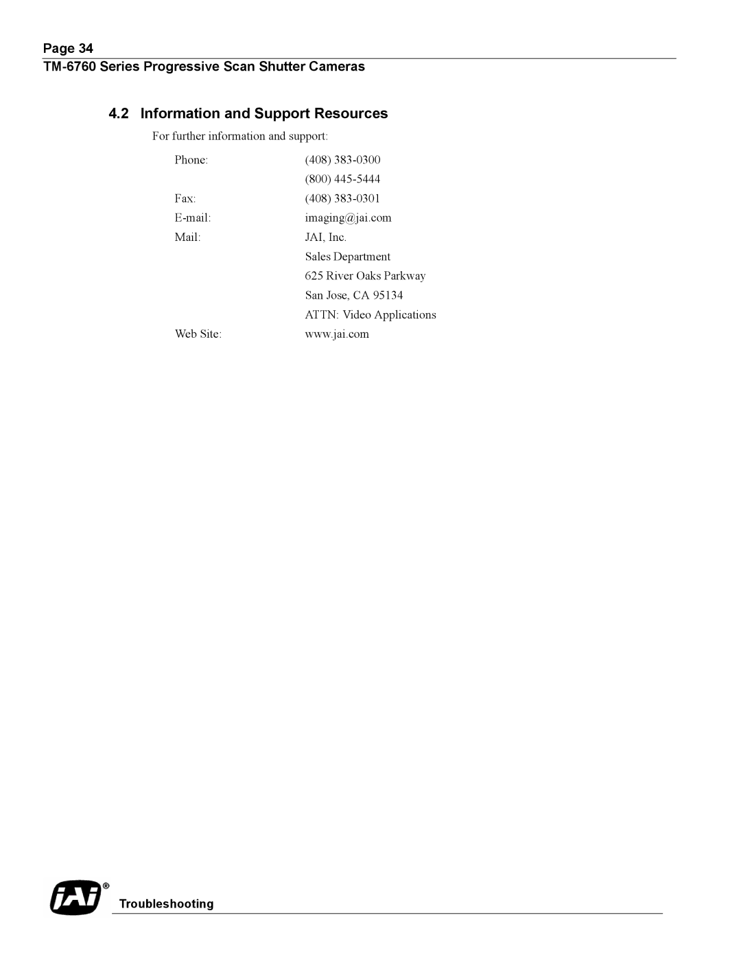 JAI TM-6760, Progressive Scan Shutter Cameras operation manual Information and Support Resources 