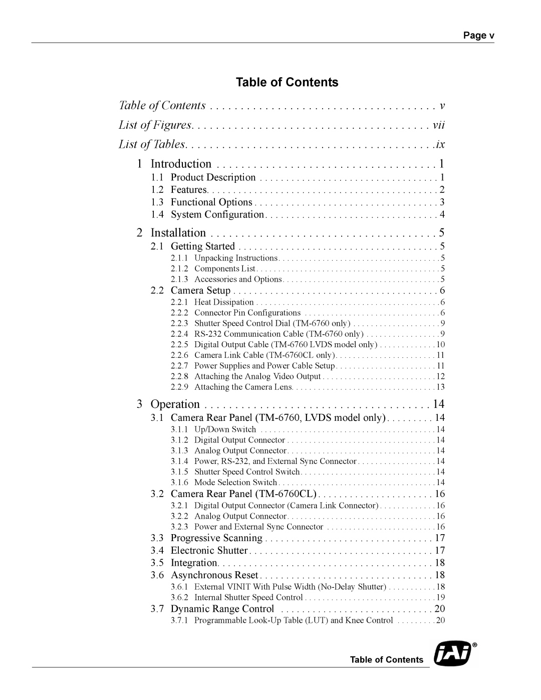 JAI Progressive Scan Shutter Cameras, TM-6760 operation manual Table of Contents 