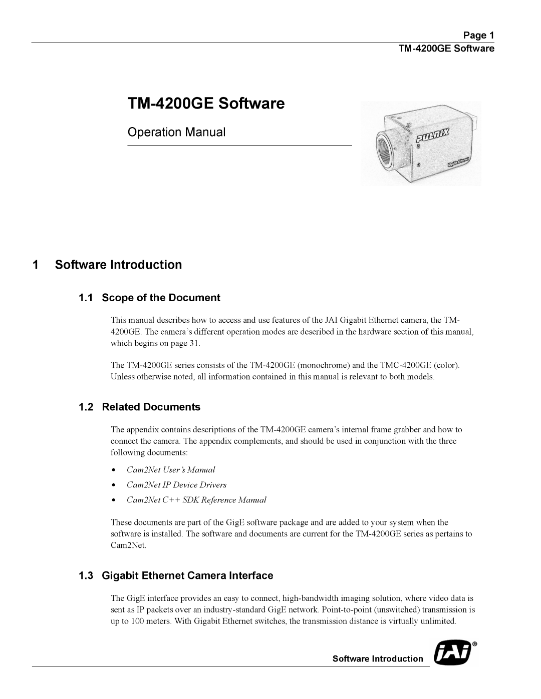 JAI TMC-4200GE Software Introduction, Scope of the Document, Related Documents, Gigabit Ethernet Camera Interface 