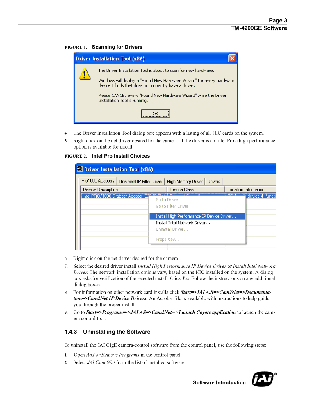 JAI TMC-4200GE operation manual Uninstalling the Software, Scanning for Drivers 