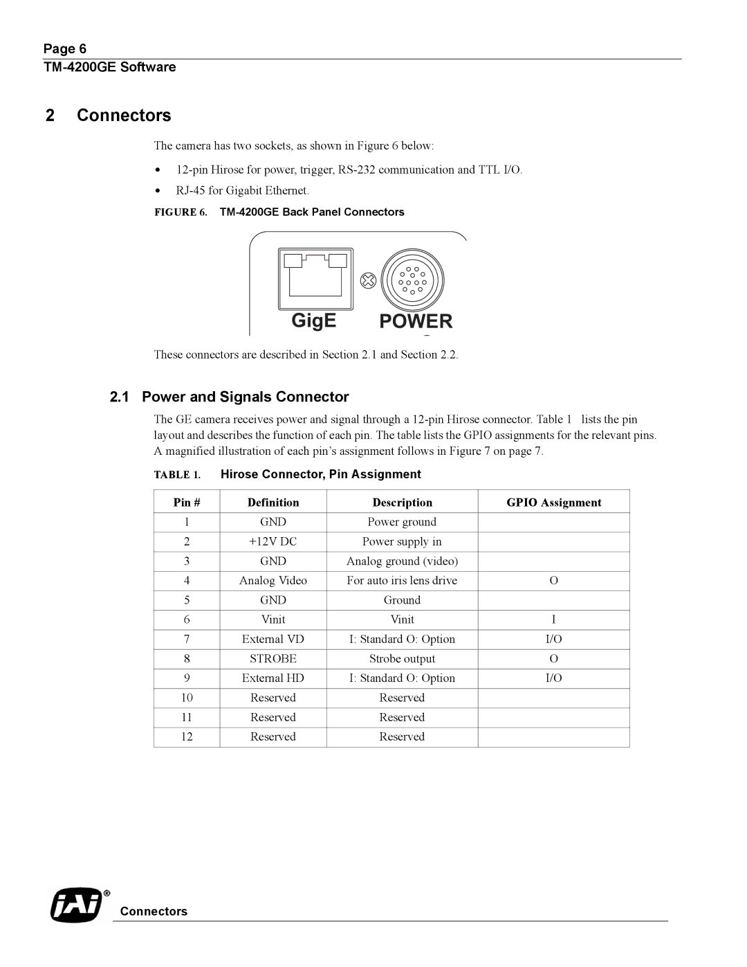 JAI TMC-4200GE operation manual Connectors, Power and Signals Connector, Hirose Connector, Pin Assignment 