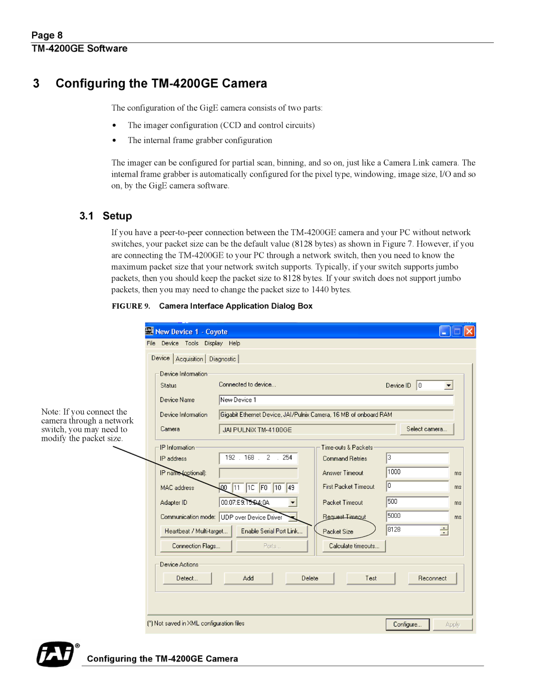 JAI TMC-4200GE operation manual Configuring the TM-4200GE Camera, Setup 