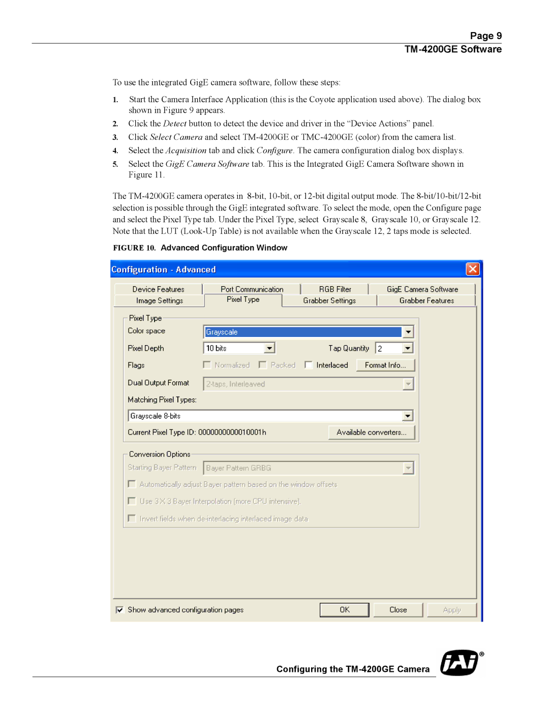 JAI TMC-4200GE operation manual Advanced Configuration Window 