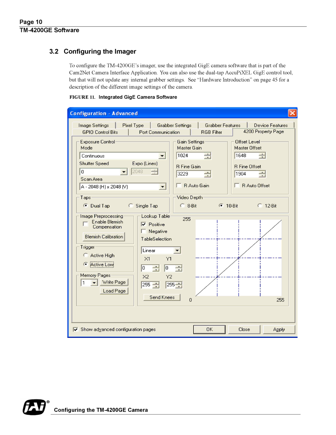 JAI TMC-4200GE operation manual Configuring the Imager, Integrated GigE Camera Software 