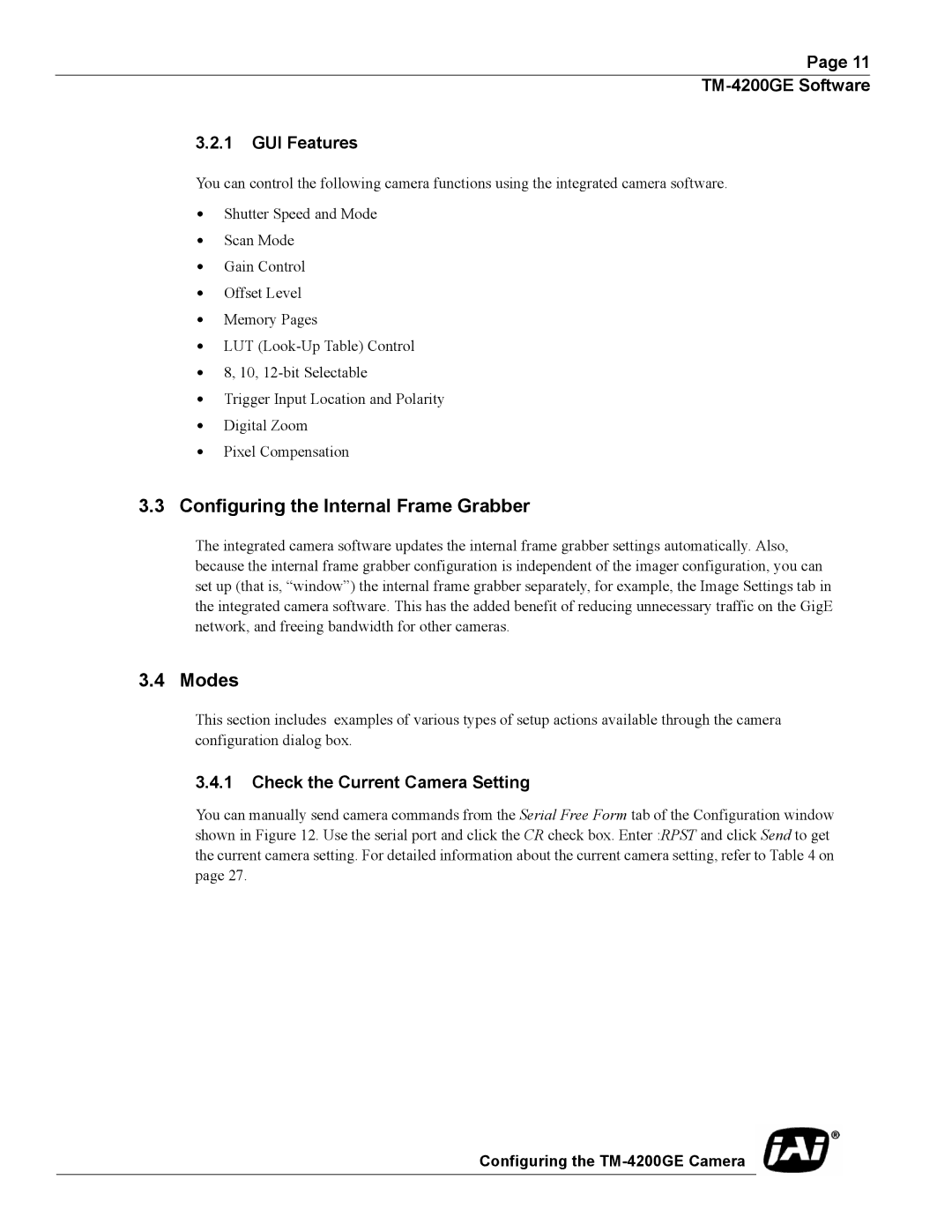 JAI TMC-4200GE operation manual Configuring the Internal Frame Grabber, Modes, TM-4200GE Software GUI Features 