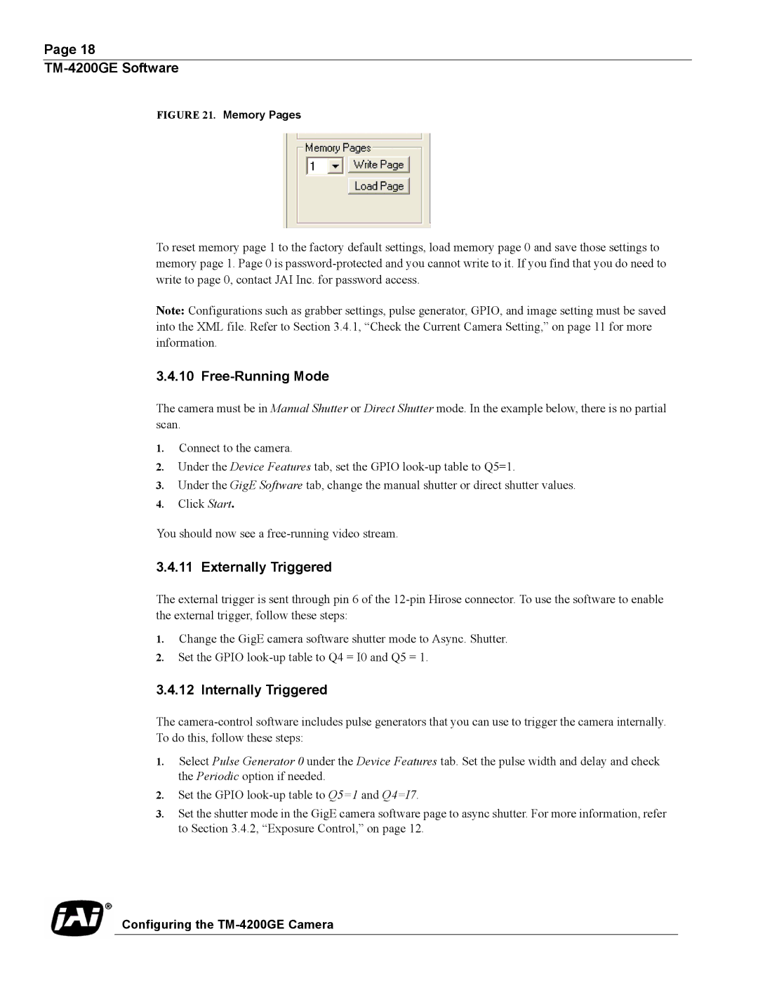 JAI TMC-4200GE operation manual Free-Running Mode, Externally Triggered, Internally Triggered 