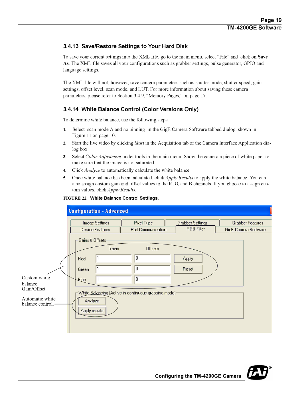 JAI TMC-4200GE TM-4200GE Software Save/Restore Settings to Your Hard Disk, White Balance Control Color Versions Only 