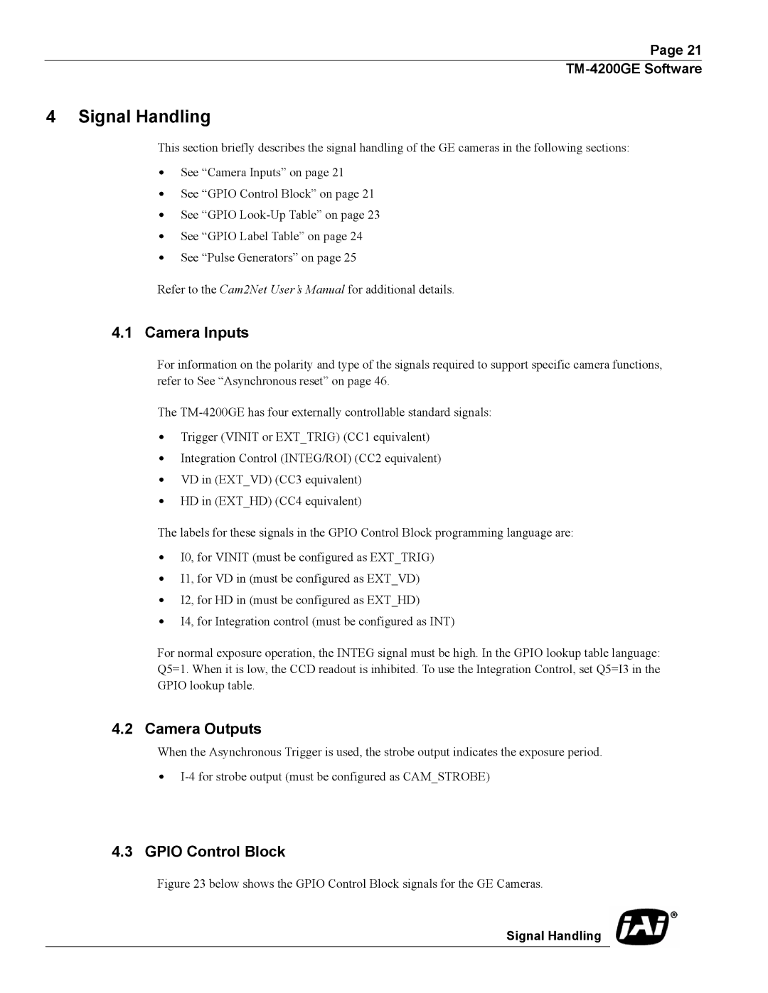 JAI TMC-4200GE operation manual Signal Handling, Camera Inputs, Camera Outputs, Gpio Control Block 