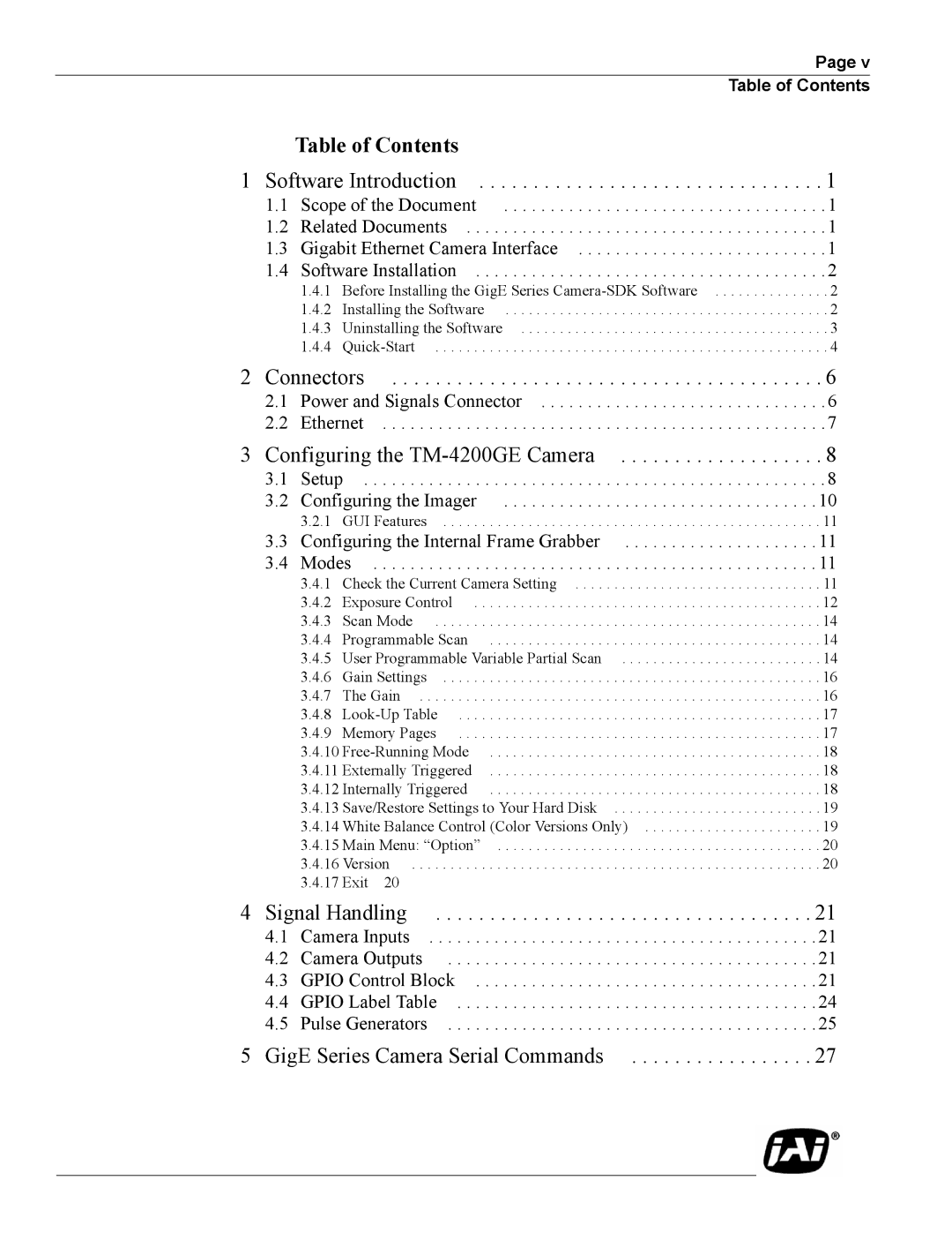 JAI TMC-4200GE operation manual Table of Contents 