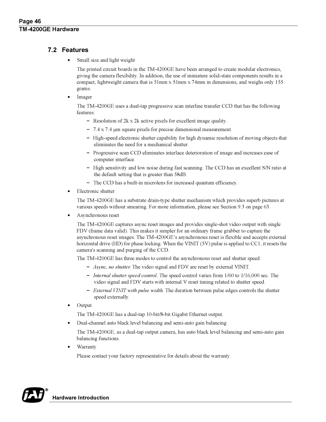 JAI TMC-4200GE operation manual Features 